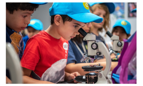 A child in a red t-shirt and blue hat looks into a microscope. Other children are visible in the background.