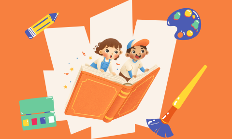 Graphic of two children peeking out from over the top of an orange book. One looks happy, the other surprised- it looks like they are flying! They are surrounded by graphics of art supplies.