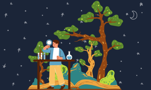 Graphic of Sam conducting experiments on a table under a tree, with the moon and stars above.