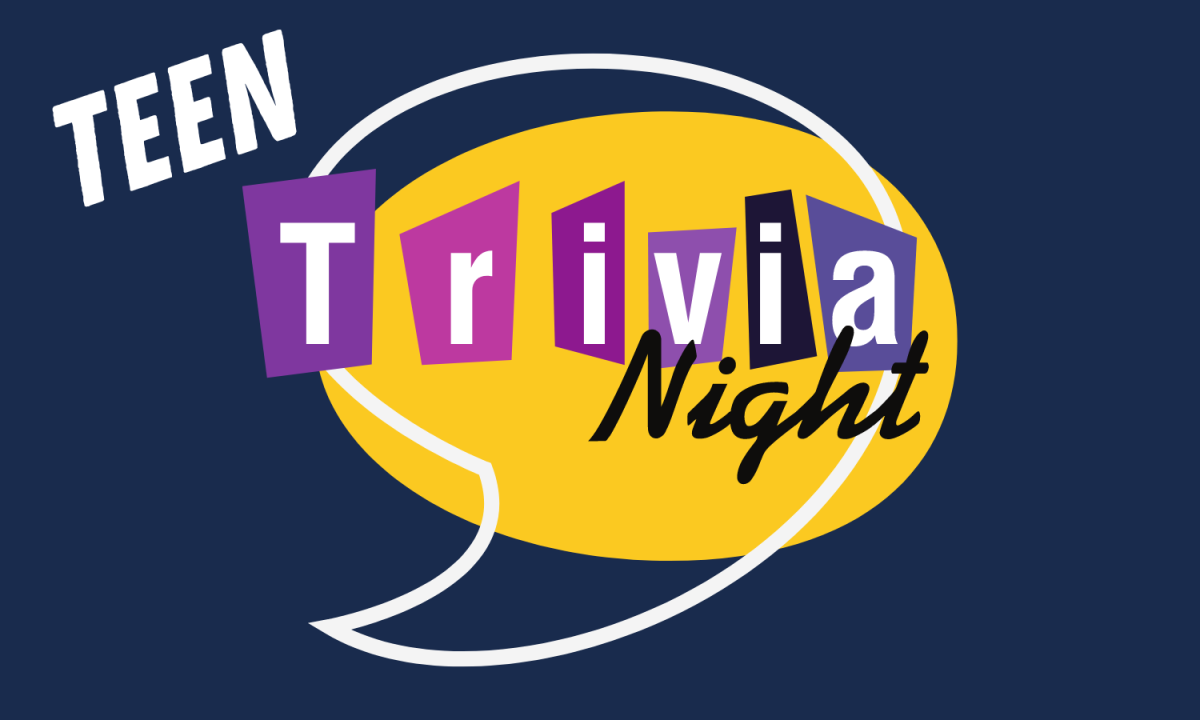 The words "Teen Trivia Night" inside a talk bubble, on a dark blue background.